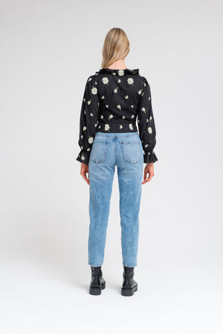 Organic Floral Embroidered Tie Front Blouse