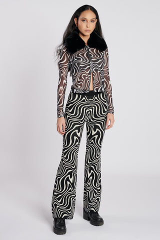 Recycled Black and White Removable Fur Trim Mesh Swirl Top