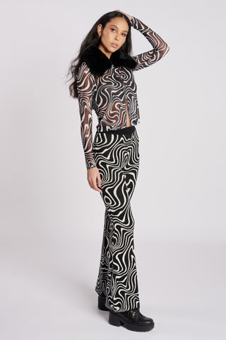 Recycled Black and White Removable Fur Trim Mesh Swirl Top