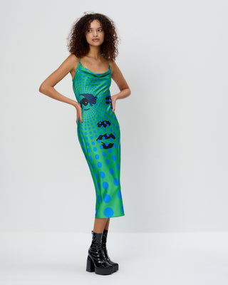 Face Print Cowl Bias Cut Midi Slip Dress