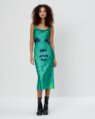 Face Print Cowl Bias Cut Midi Slip Dress