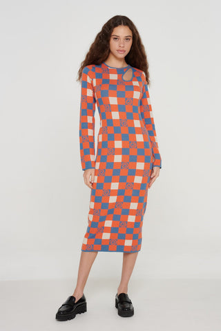 Checkerboard Swirl Cut-out Knit Dress