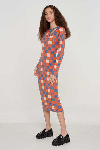 Checkerboard Swirl Cut-out Knit Dress