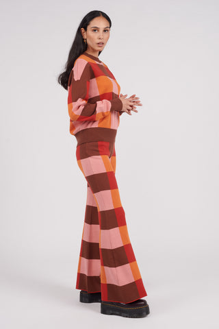Organic Cotton Checked Knit Flare Trousers