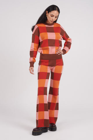 Organic Cotton Checked Knit Flare Trousers