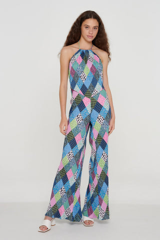 Patchwork Print Plisse Maxi Trousers