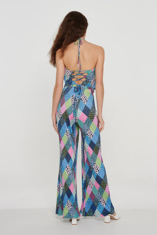 Patchwork Print Plisse Maxi Trousers