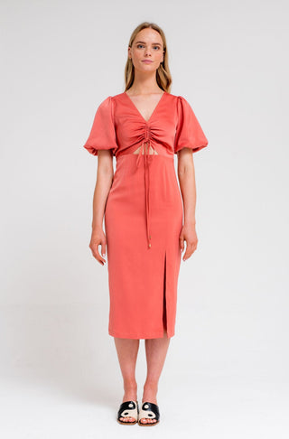 Coral Drawstring Midi Dress