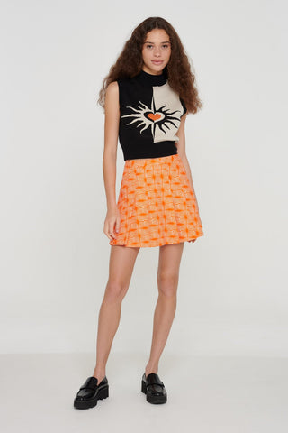 Orange Organic Geo Print Pleated Skirt
